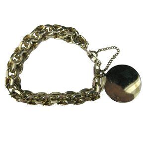 Vintage Gold Tone Charm Chain Link Bracelet Floral Engraving MOD Modern Heavy